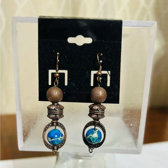 Hand Crafted Elegant Copper and Blue Globe Like Dangle Earrings - Picture 3 of 3